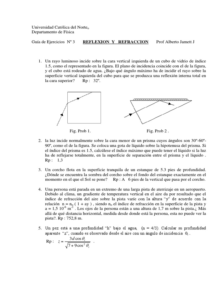 Guía de Ejercicios #3 - Reflexión y Refracción | PDF | Refracción ...