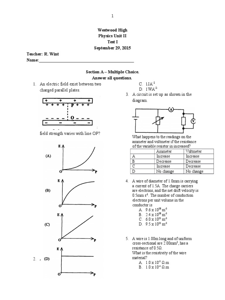 Physics Unit 2 Test 1 | PDF | Electric Current | Electric Charge