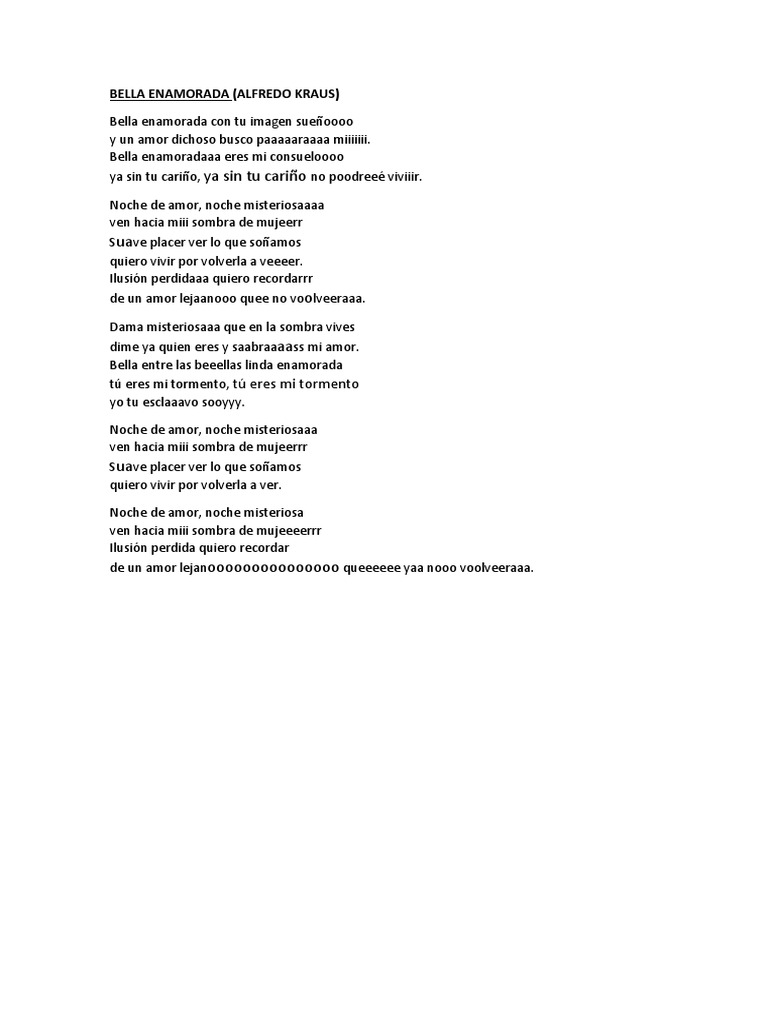 Letra de Bella Enamorada. Alfredo Kraus PDF
