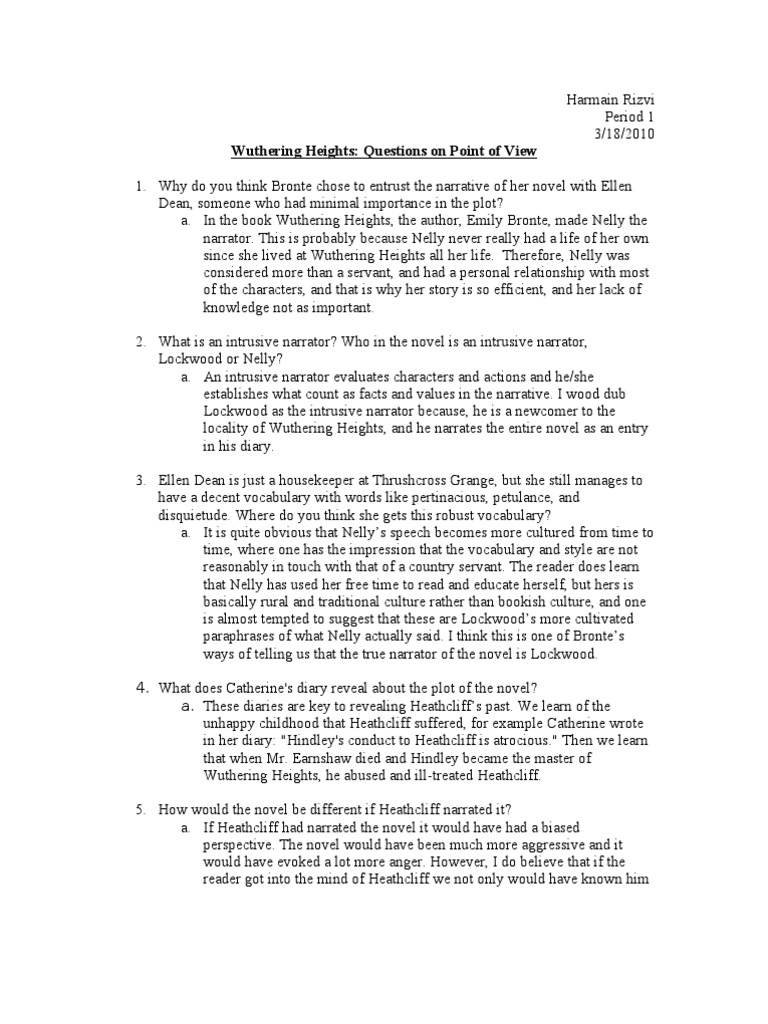 Wuthering Heights Questions On Point of View PDF Heathcliff