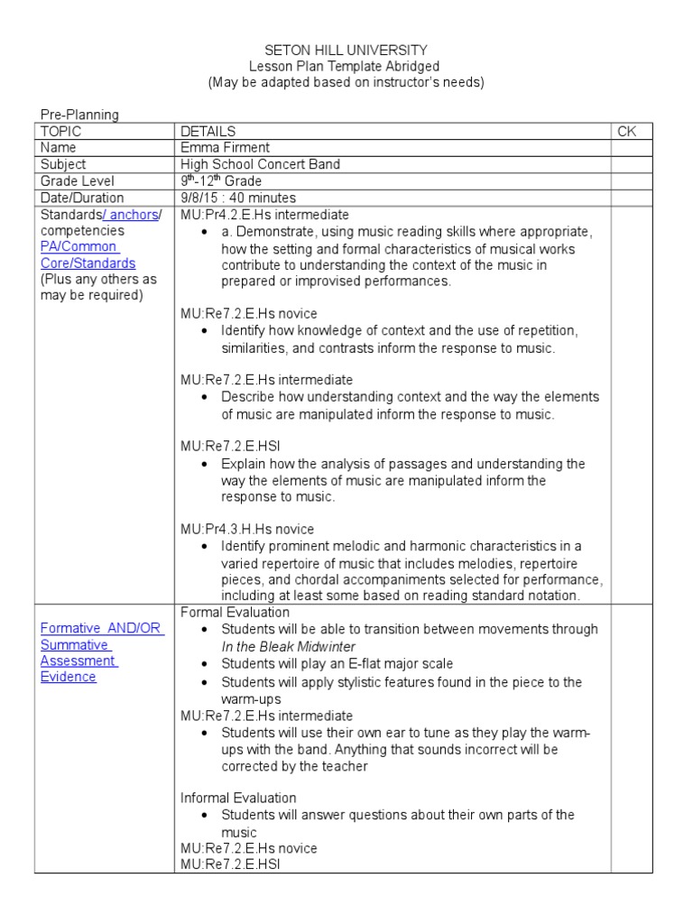High School Band Lesson Plan | PDF | Disability | Performing Arts