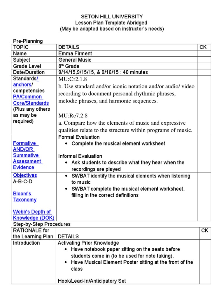 Musical Elements  PDF  Performing Arts  Cognition Inside Elements Of Music Worksheet