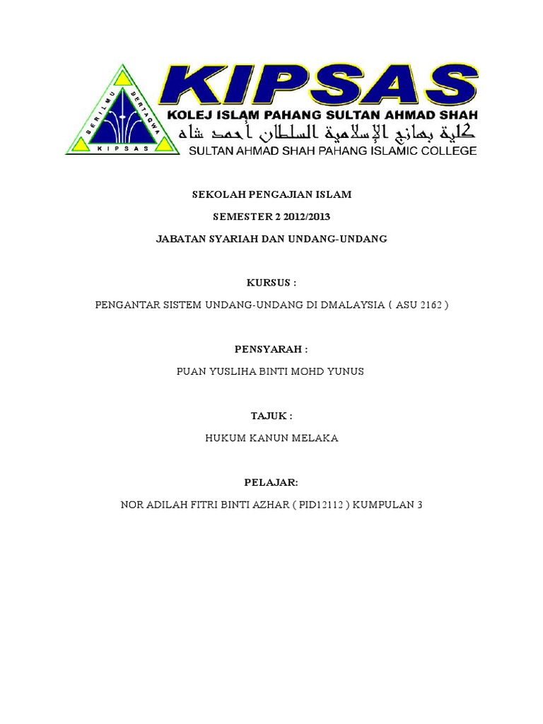 Pengantar Undang-undang Di Malaysia(Hukum Kanun Melaka)