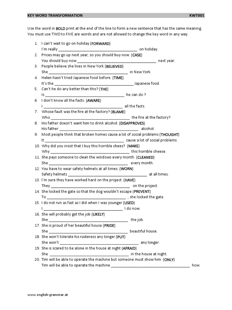 Key Word Transformation KWT001: WWW - English-Grammar - at | PDF