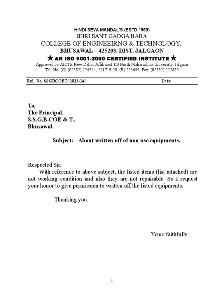 Equipment Write-Off Request for SSGBCOET | PDF | Technology & Engineering