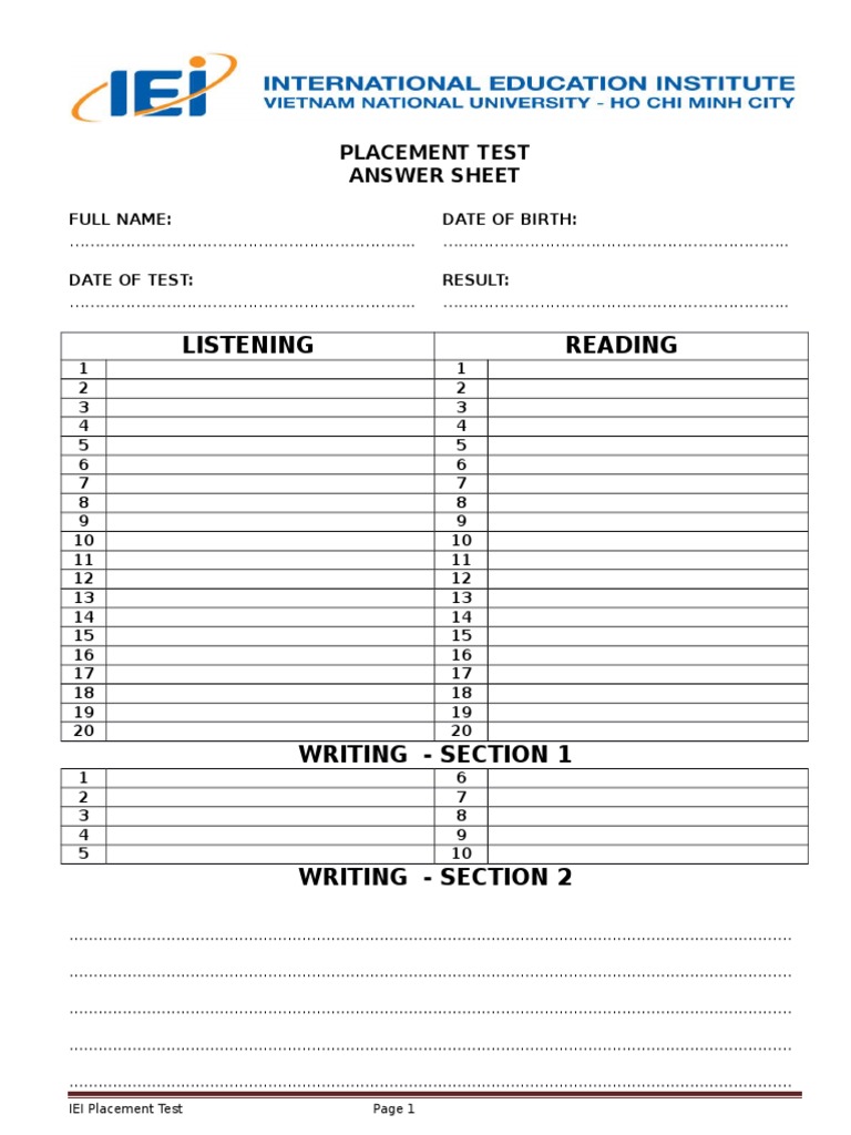 Answer Sheet For Placement Test | PDF | Technology & Engineering