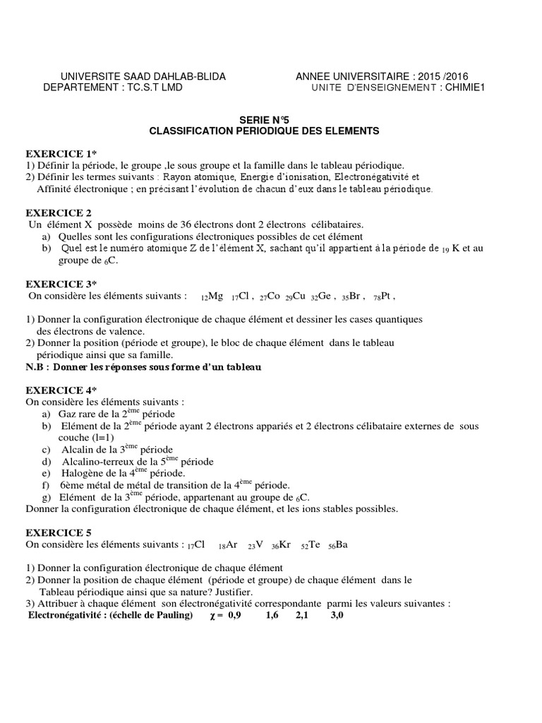 serie-5-chimie1-15-16-1 (1) | Tableau périodique | Configuration électronique