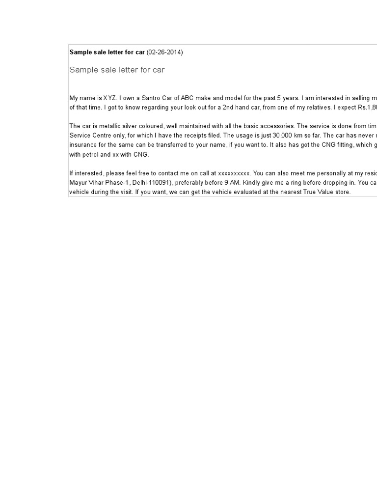 Sample Car Sale Letter Template | PDF