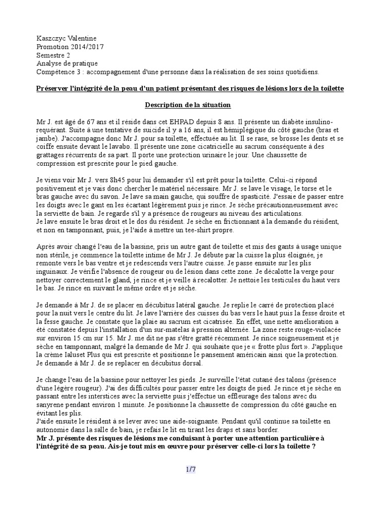 Analyse De Pratique Professionnelle Ifsi Exemple Toilette APP N°2, Compétence 3 | PDF | Diabète de type 2 | Allaitement
