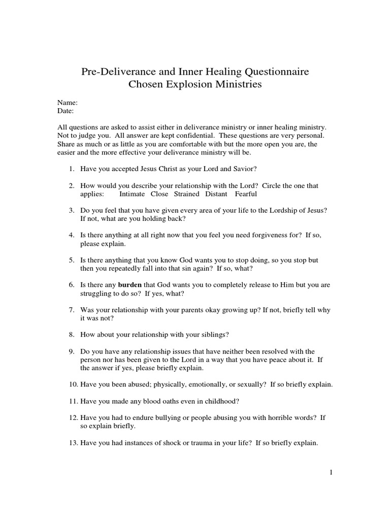 Deliverance and Inner Healing Questionaire PDF Mental Disorder