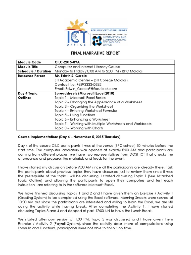 Sample Narrative Report | Worksheet | Microsoft Excel