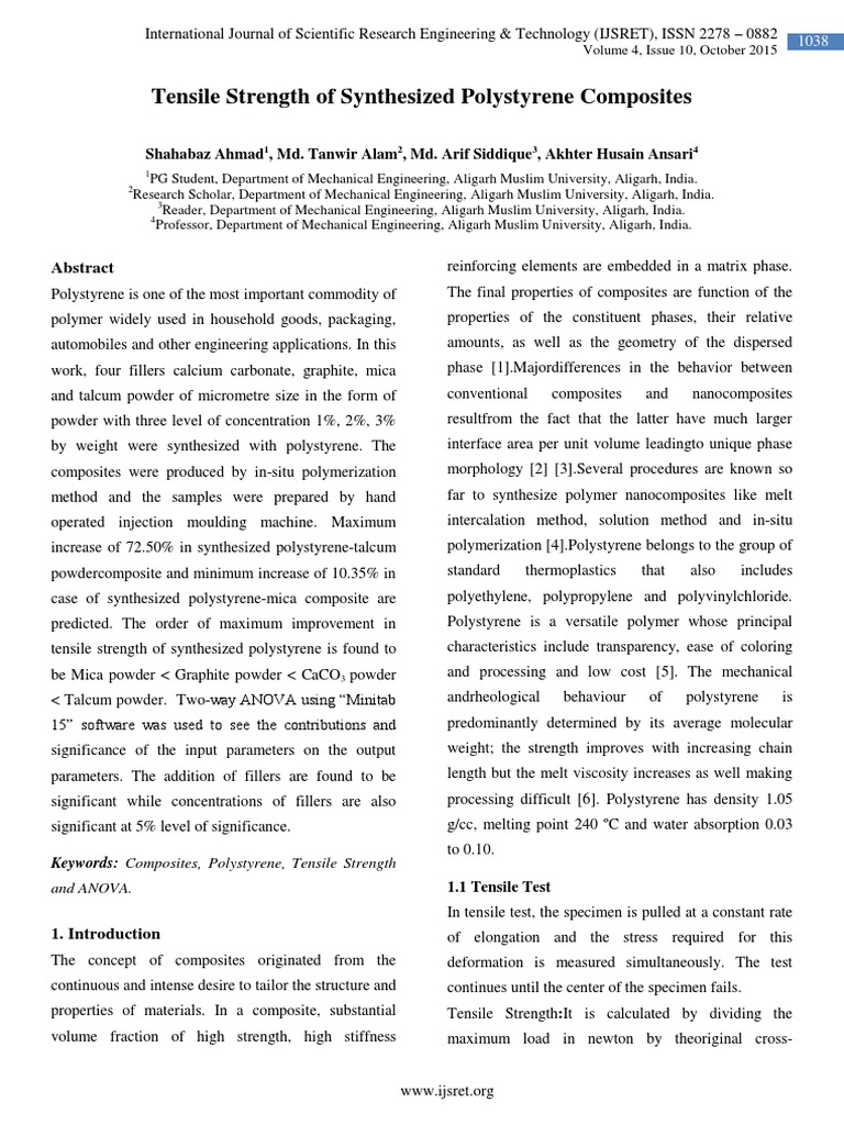 Tensile Strength of Synthesized Polystyrene Composites | PDF ...