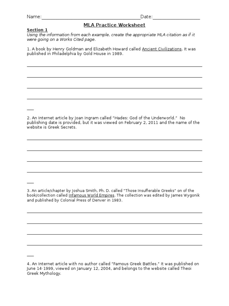 MLA Practice Worksheet Pgs 2222-22  PDF In Mla Citation Practice Worksheet