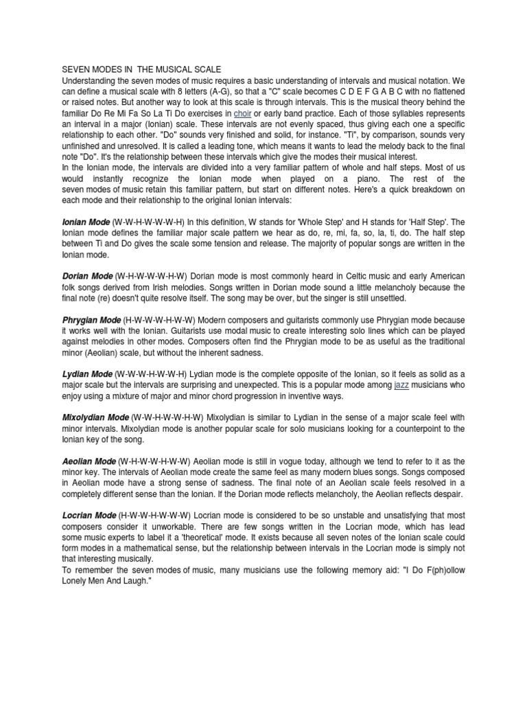 Understanding the Seven Musical Modes | PDF | Mode (Music) | Scale (Music)
