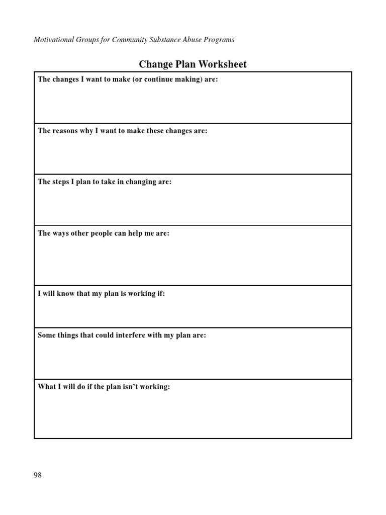 Change Plan Worksheet Motivational Groups For Community Substance