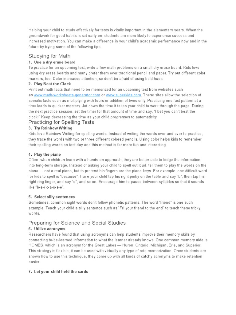 Effective Study Tips for Elementary Kids | PDF | Wellness
