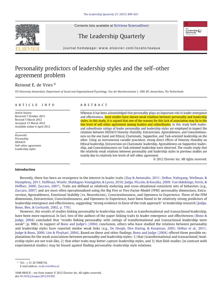Personality Predictors of Leadership Styles and The Self-Other ...