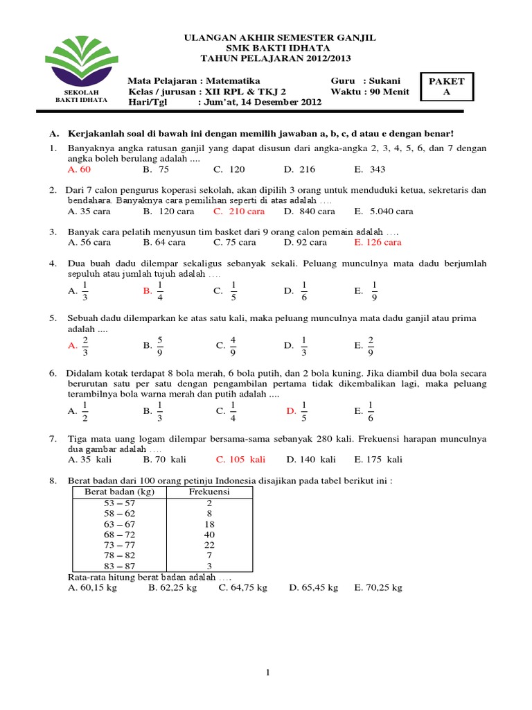 Soal Uas Matematika Ganjil 2012 A