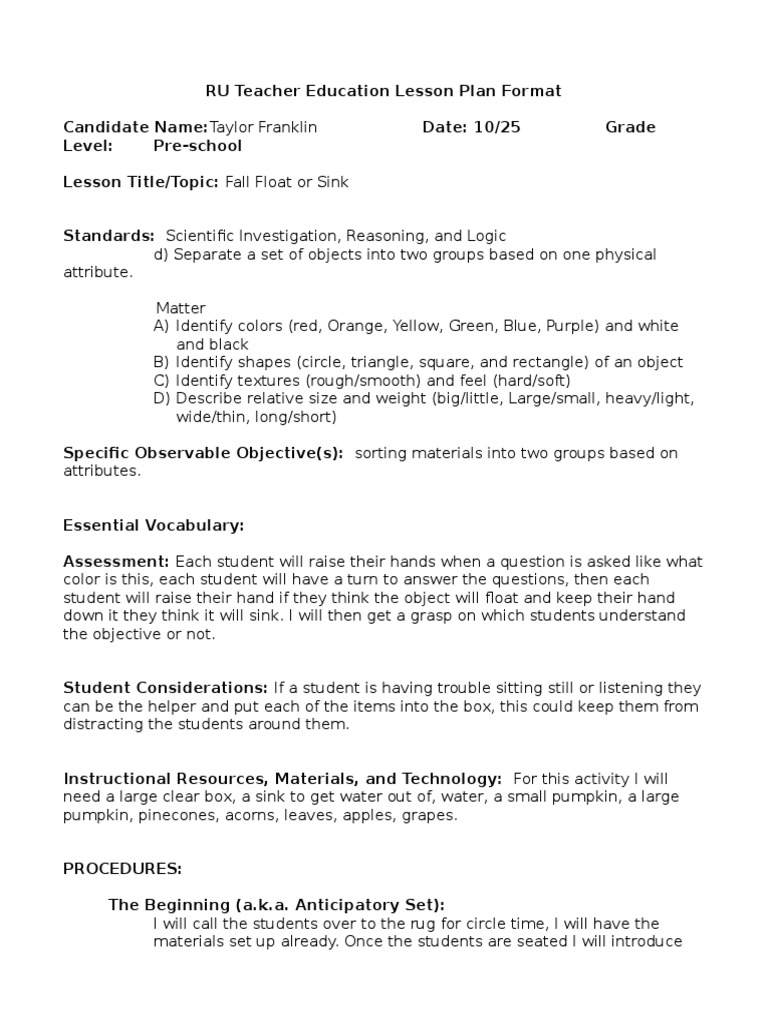 Float of Sink Lesson Plan PDF Lesson Plan Educational Assessment