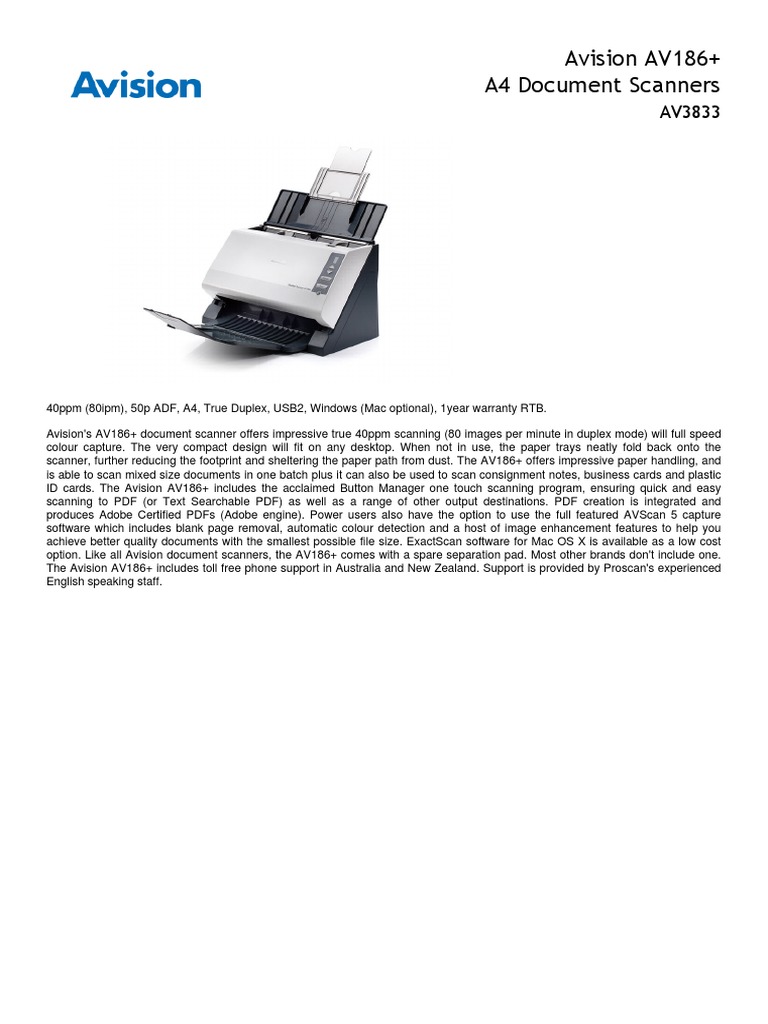 Avision AV186+ A4 Document Scanners PDF | PDF | Image Scanner ...