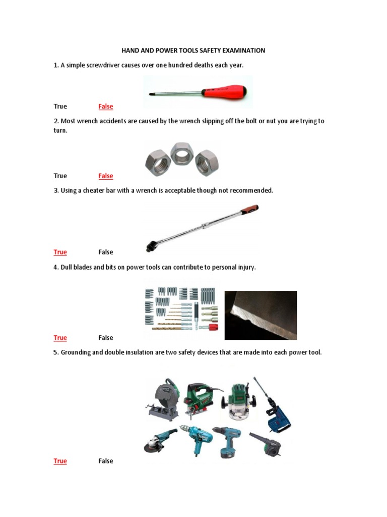 Hand and Power Tools Safety Examination PDF Safety Occupational