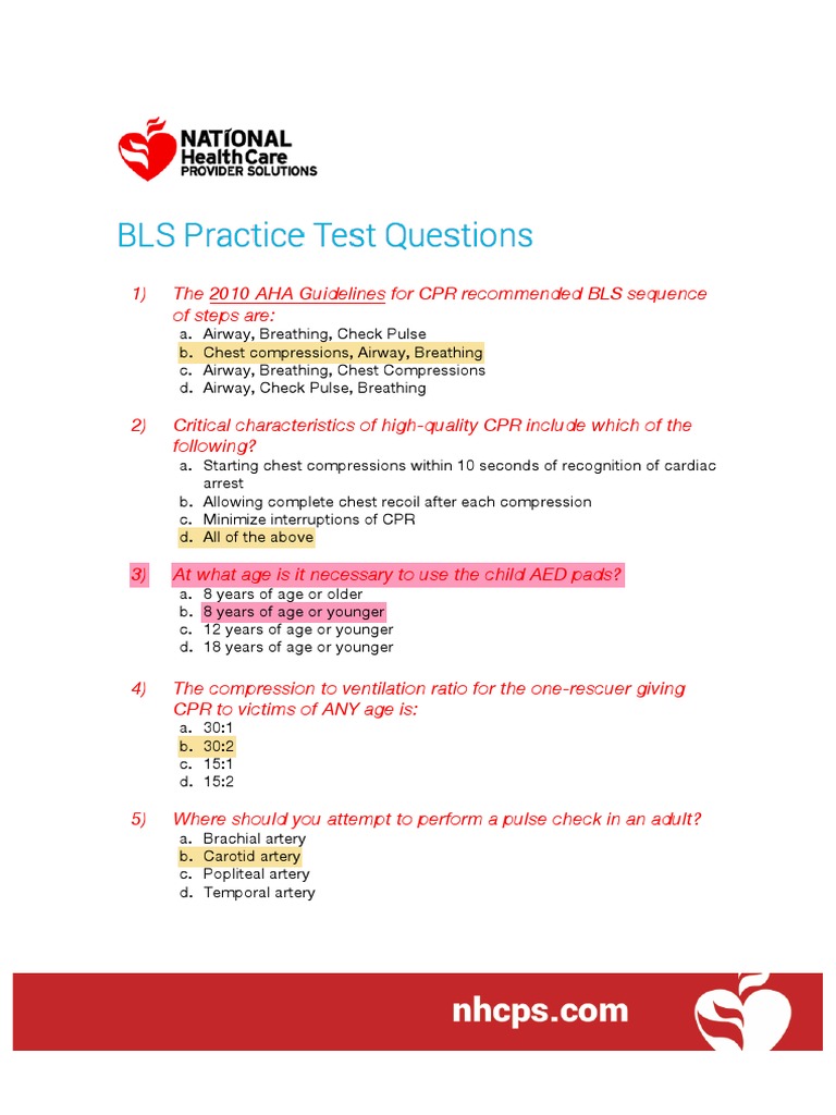 BLS Practice Test Questions Cardiopulmonary Resuscitation