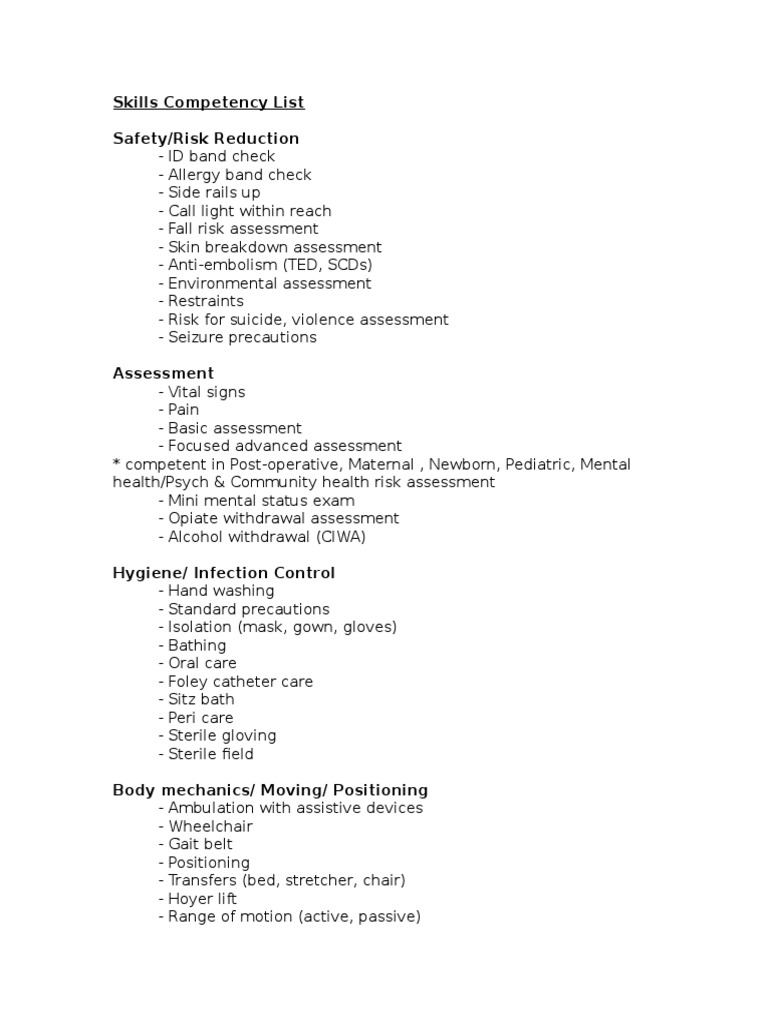 Skills Competency List | PDF