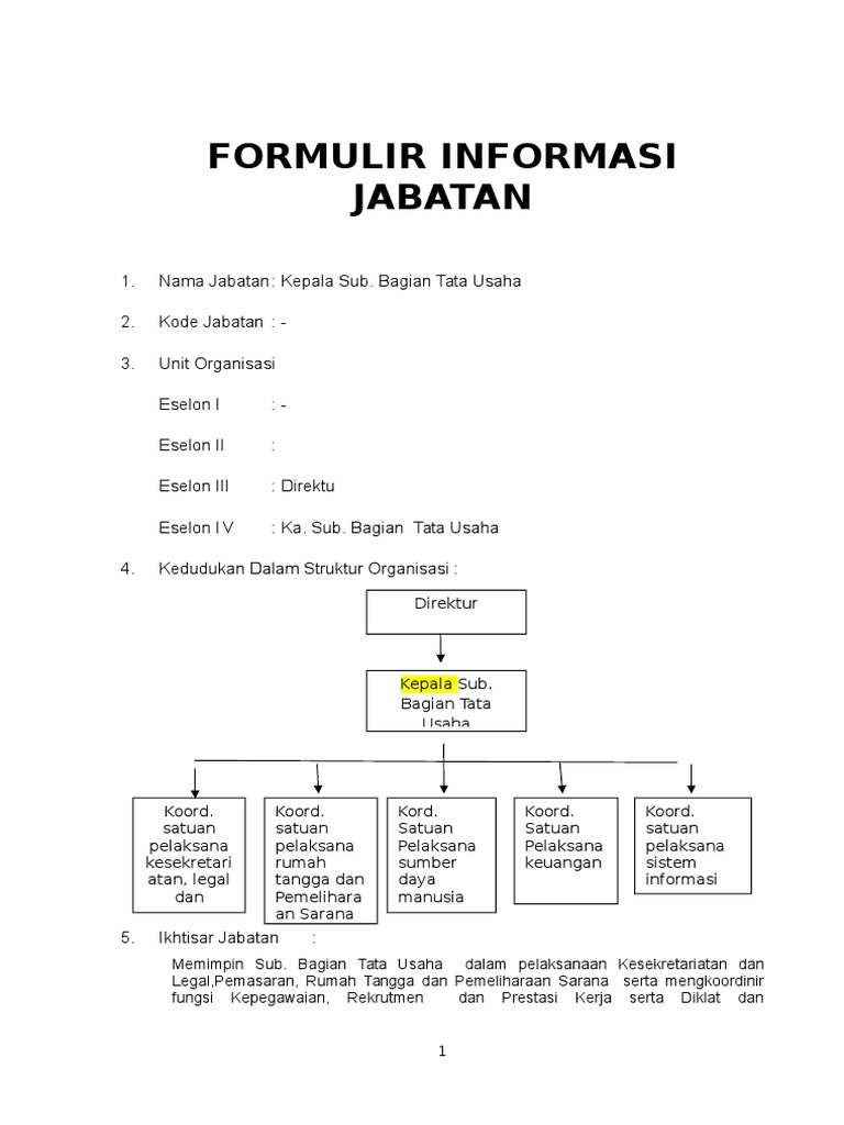 Analisa Jabatan Kepala Sub. Bagian Tata Usaha