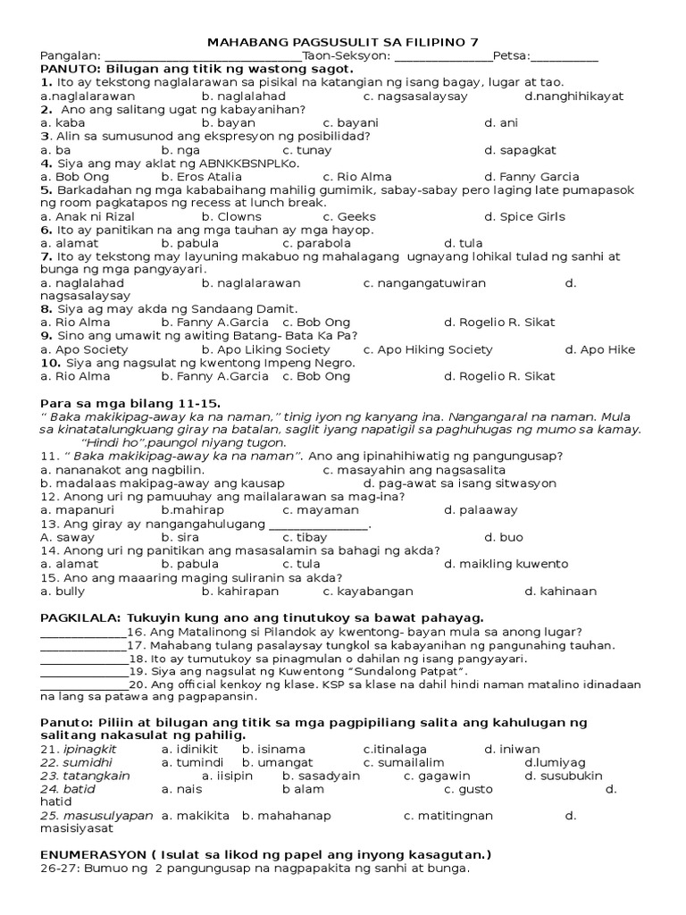 Mahabang Pagsusulit Sa Filipino 7 | PDF