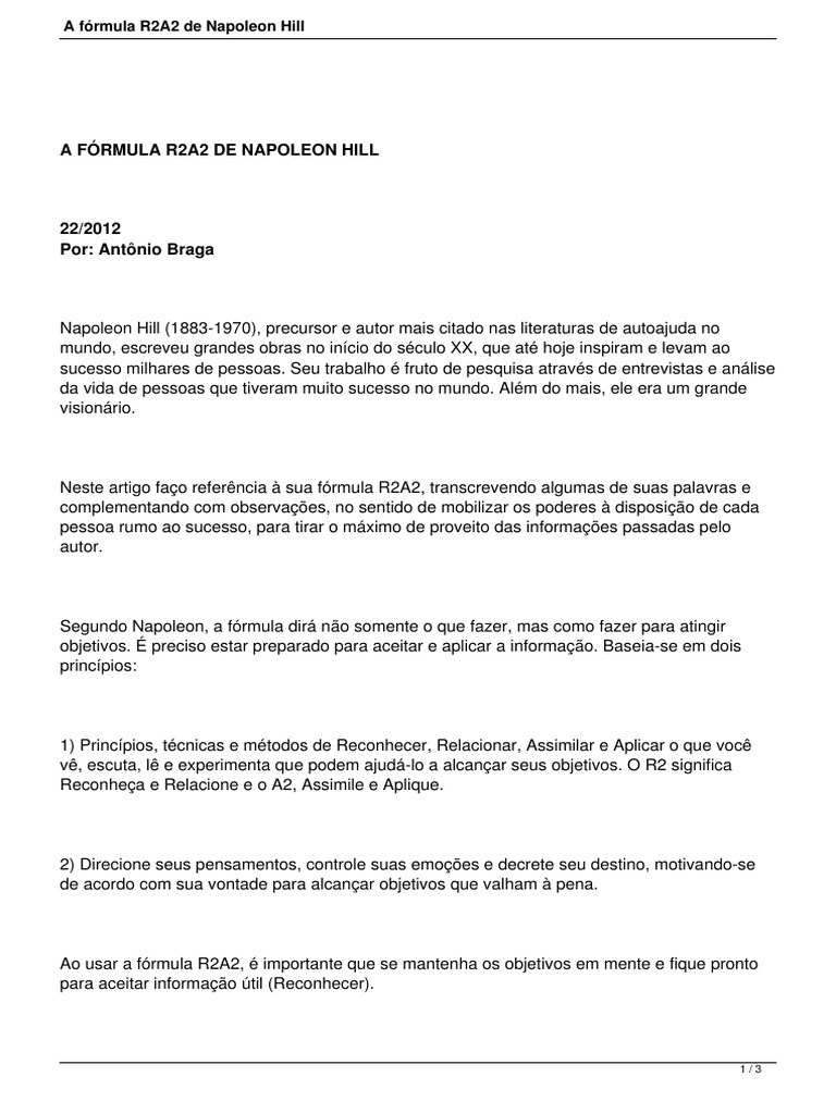 A Fórmula R2A2 de Napoleon Hill | PDF | Napoleon Hill | Conhecimento