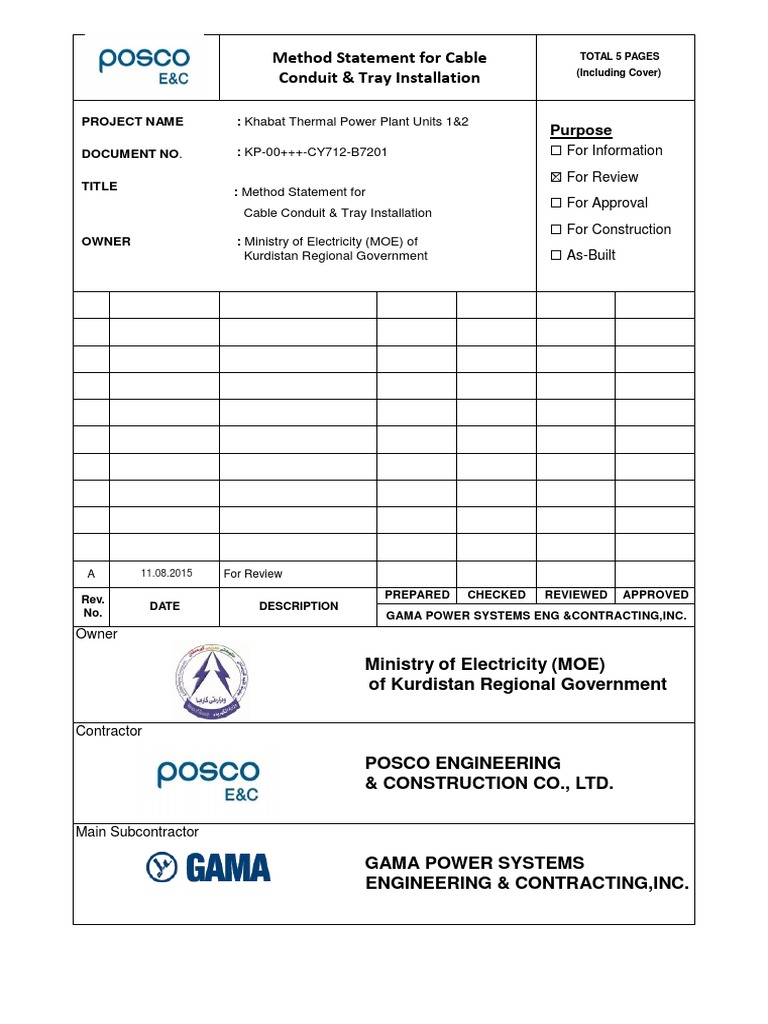 Method Statement For Cable Conduit & Tray Installation PDF PDF