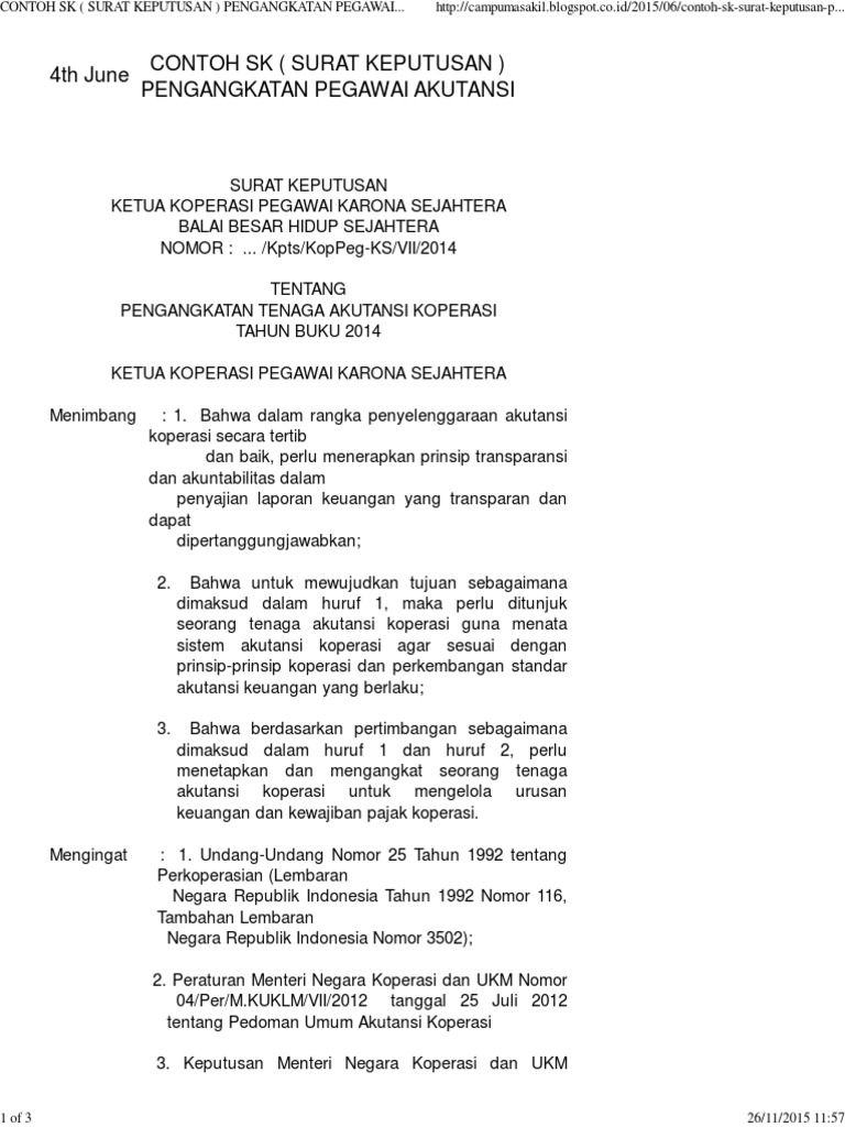 Contoh Sk ( Surat Keputusan ) Pengangkatan Pegawai Akutansi