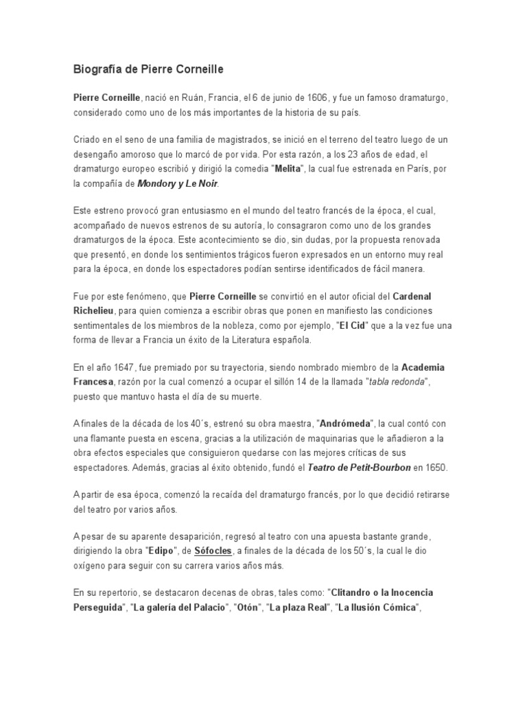 Biografía de Pierre Corneille | PDF
