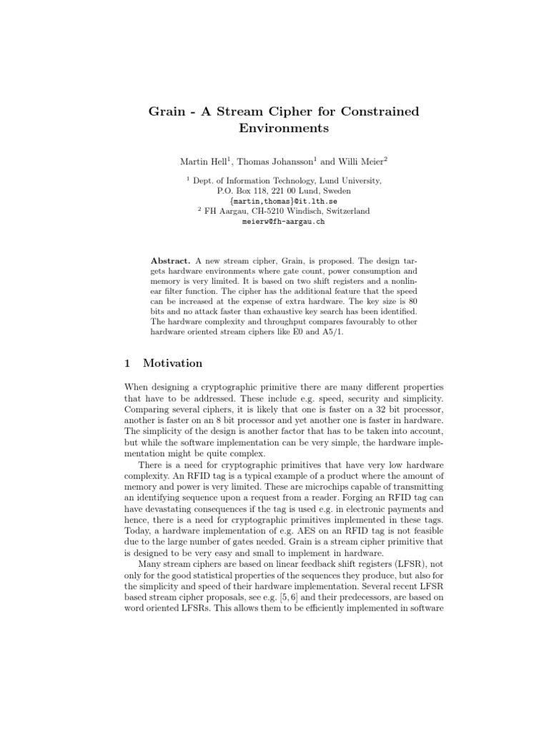 Grain Stream Cipher Design Overview | PDF | Field Programmable Gate ...