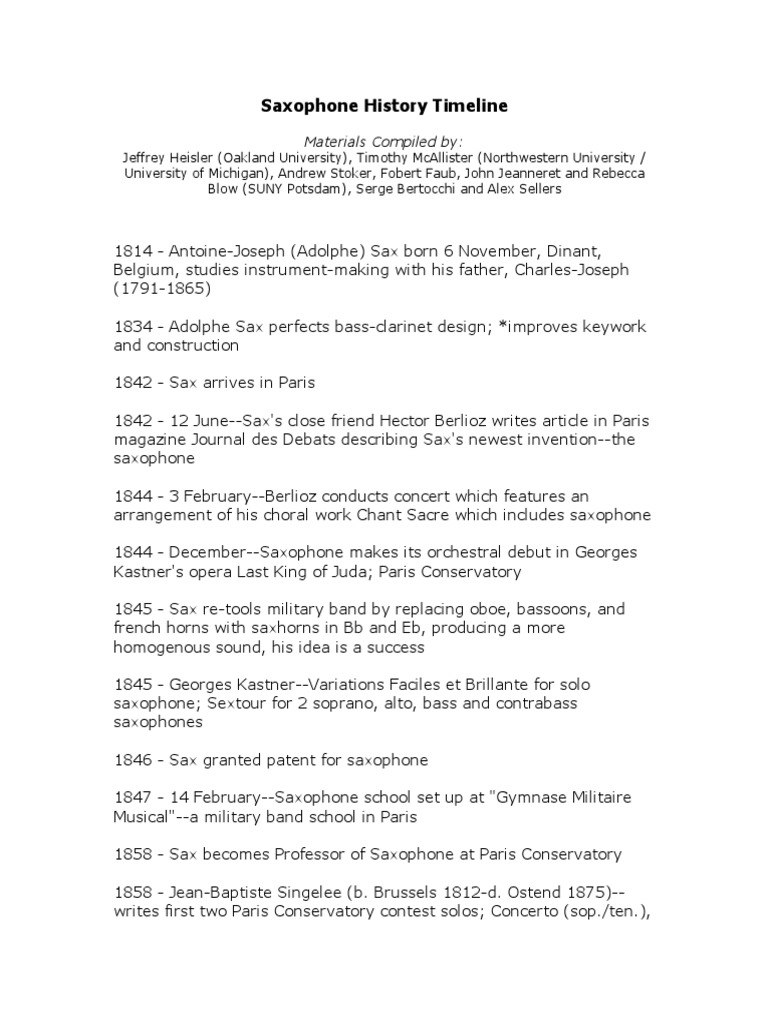 Saxophone History Timeline | PDF | Saxophone | Alto Saxophone