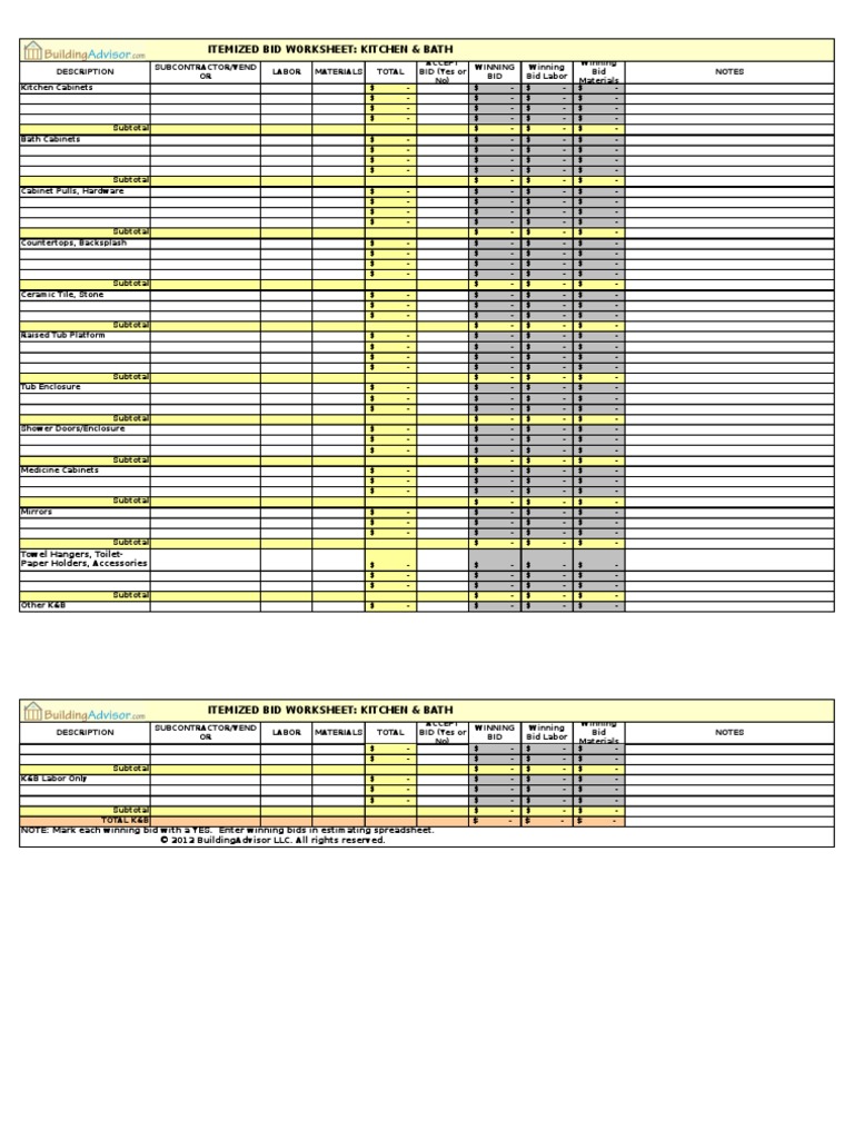 BA Itemized Bid Worksheet KB | PDF