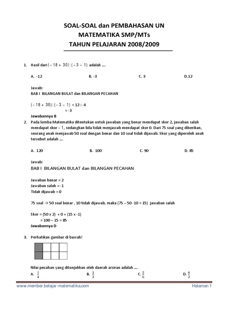 Soal Dan Pembahasan Un Matematika Smp 2008 2009 M2suidhat Blogspot Com