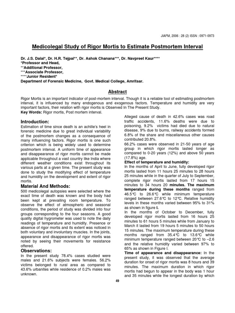 Rigor Mortis and Postmortem Interval Study | PDF