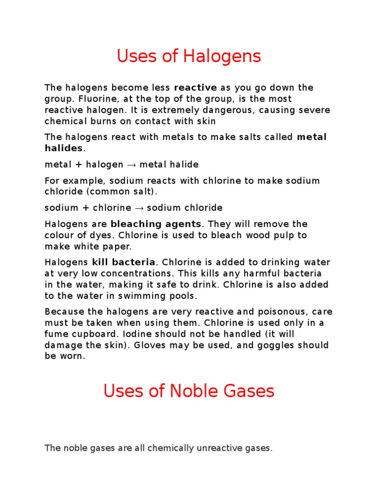 Uses of Halogens & Noble Gases (Chem 7) PDF Chlorine Incandescent Light Bulb