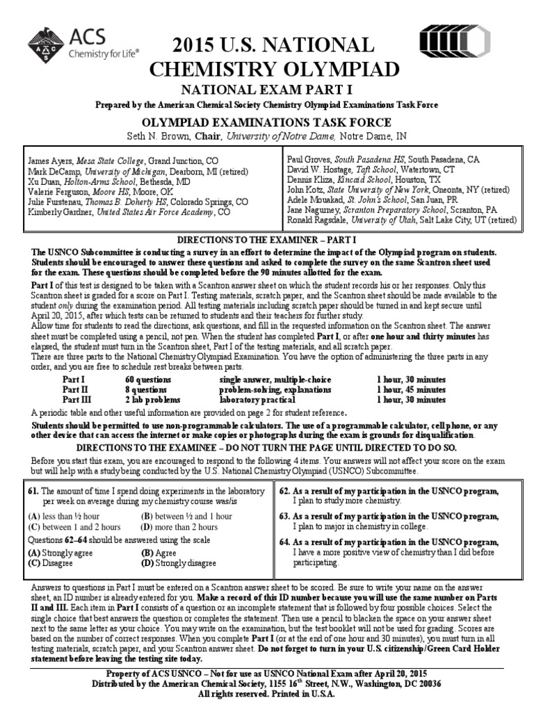 2015 Usnco Exam Part i Solution Battery (Electricity) Prueba