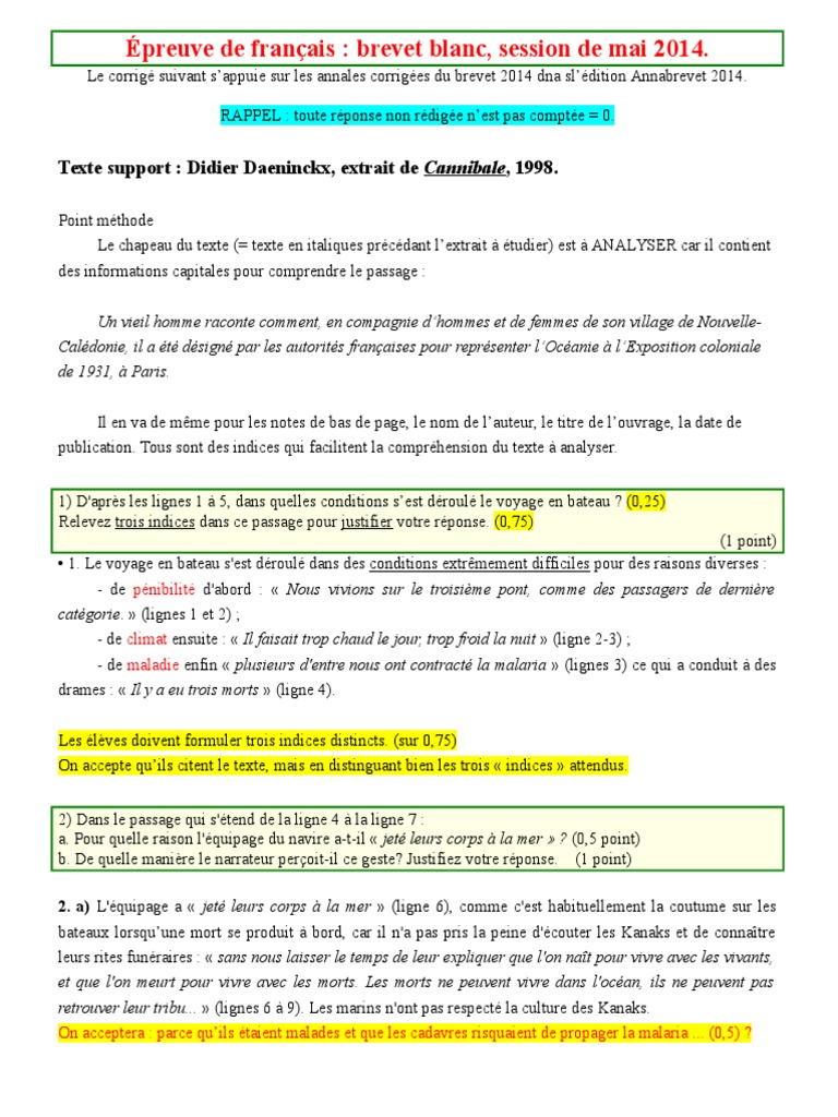 3e Francais Corrige Brevet Questions Cannibale 2 Phrase Linguistique