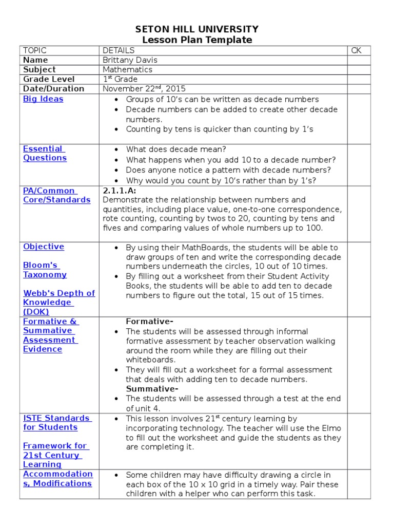Lesson plan 1st grade counting by 10s educational assessment 