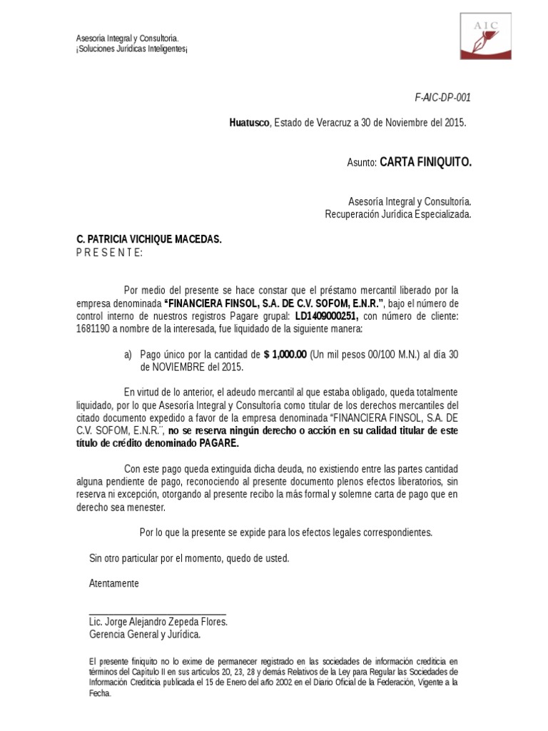 Carta Finiquito FINSOL | PDF
