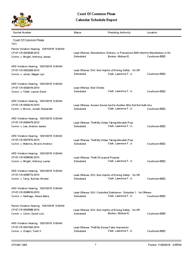 York County Court Schedule Dec. 1, 2015 PDF