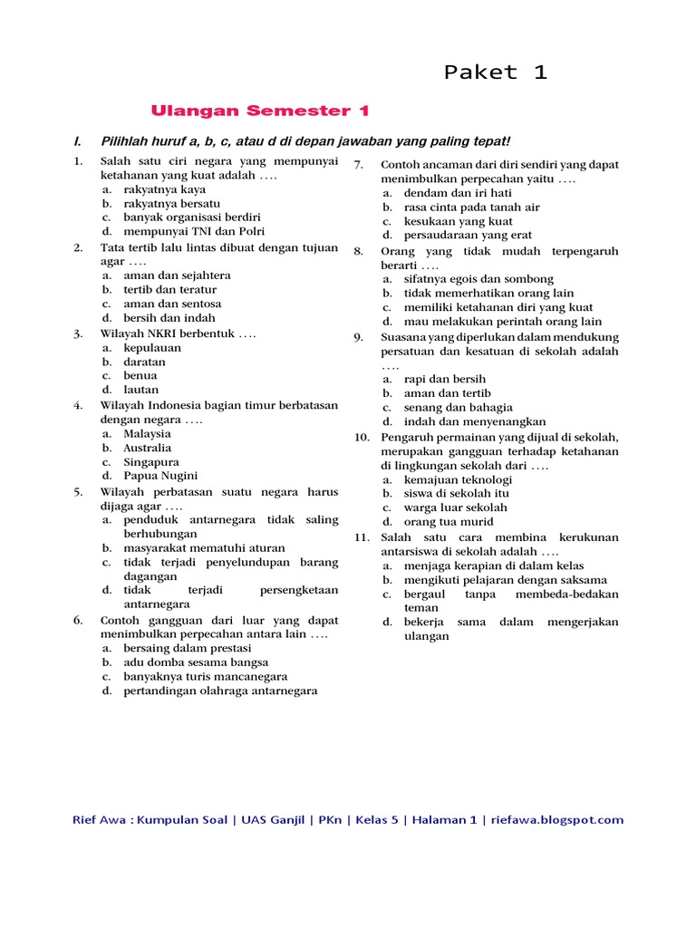 Soal Pkn Kls 5 Semester 2 Organisasi