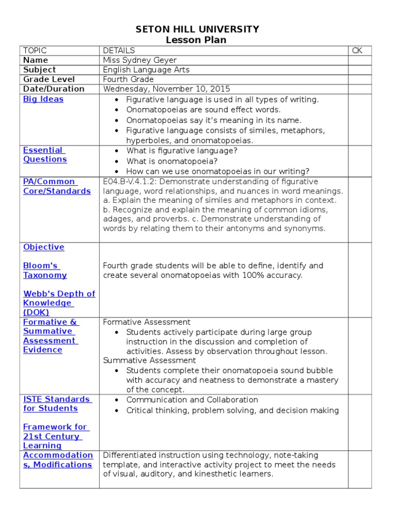 Seton Hill University Lesson Plan: Name Subject Grade Level Date ...
