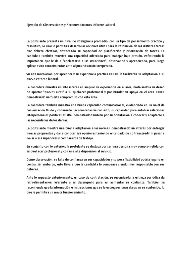 Ejemplo de Observaciones y Recomendaciones Informe Laboral