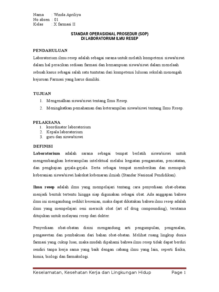 Sop Laboratorium Ilmu Resep Tugas K3lh Tq