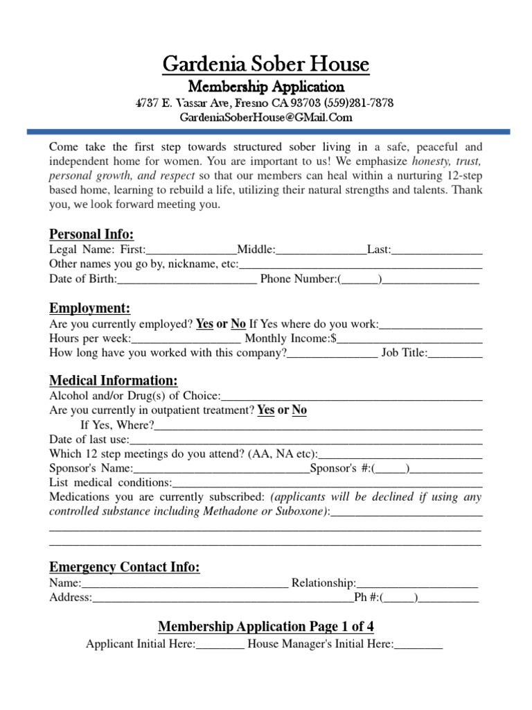 Membership Application Gardenia Sober House 2015 PDF Background Check Twelve Step Program