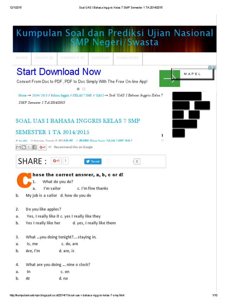 Soal UAS I Bahasa Inggris Kelas 7 SMP Semester 1 TA 2014 - 2015 PDF | PDF